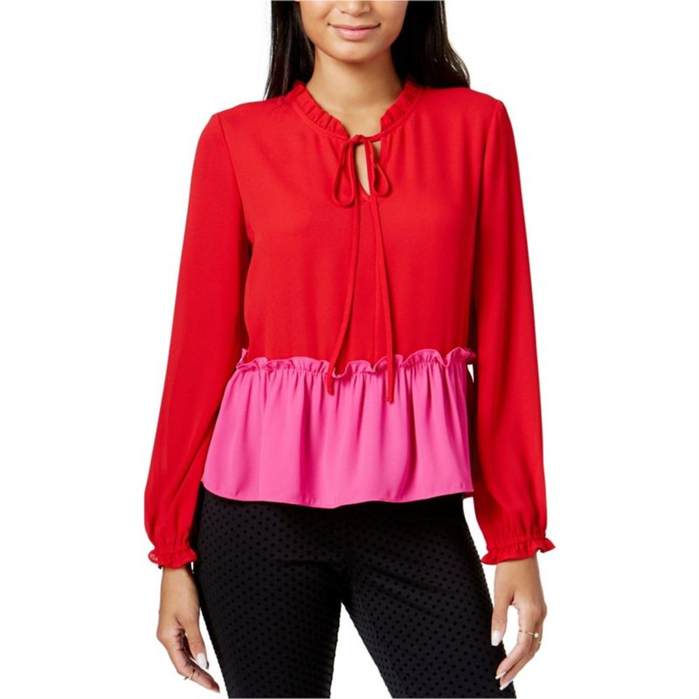 Maison Jules Womens Ruffled Knit Blouse, Red, NWT